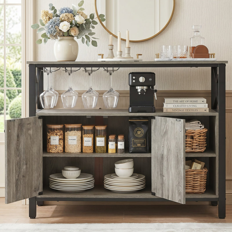 45.3" Buffet Cabinet With Storage, Farmhouse Kitchen Sideboard Cabinet With 2 Doors, Adjusatable Shelf, Coffee Bar Cabinet With Wine Glass Rack For Living Room