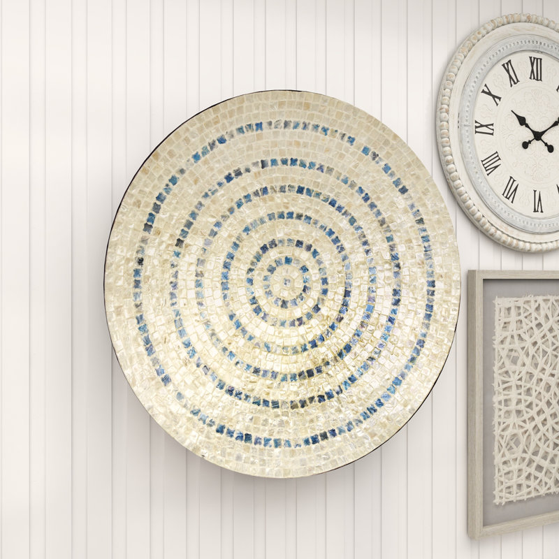 Eloise Mother of Pearl Shell Handmade Mosaic Plate Home Wall Decor with Blue Accents