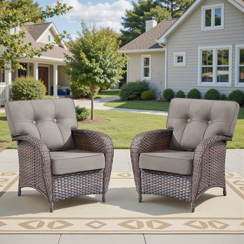 Patio PE Rattan Chairs Set Of 2, All-Weather & Steel Frame Outdoor Conversation Furniture Set With Washable Cushions For Garden, Bistro, Deck, Yard