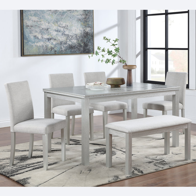 Wooden Dining Rectangular Table With Bench, Kitchen Table With Bench  Small Space,  Person Dining Table, Grey, Silver Gray
