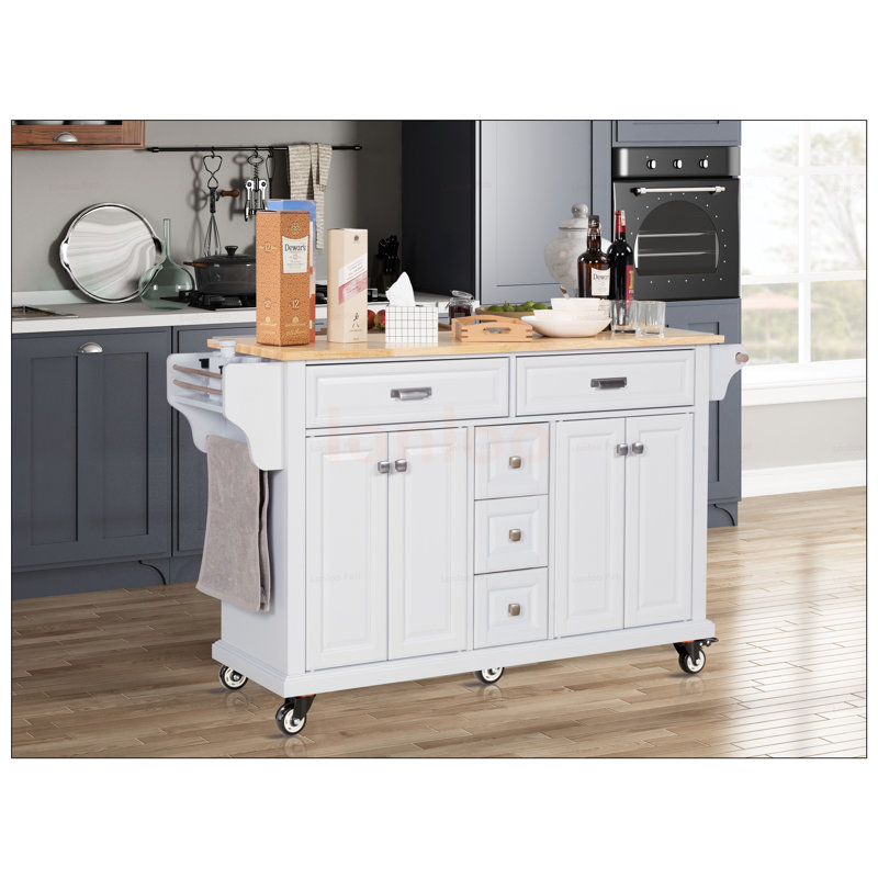 Durable Kitchen Island With Rubberwood Countertop, 5-Wheel Mobility, And Ample Storage For Enhanced Cooking Experience, White