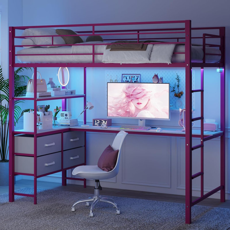 Pink Full Metal Loft Bed Frame With L-Shaped Desk, 2 Charging Stations, Storage Shelves, 4 Drawers, LED Lights, Pink