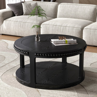 31.5 Inch Solid Wood Round Coffee Table,2-Tier Rustic Wood Desktop With Storage Shelf