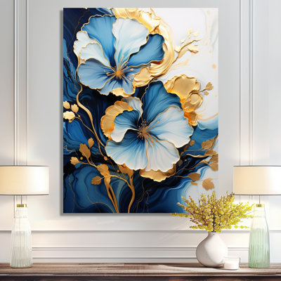 «White Blue Flower Gold Leaves - Abstract Modern Waves», art mural