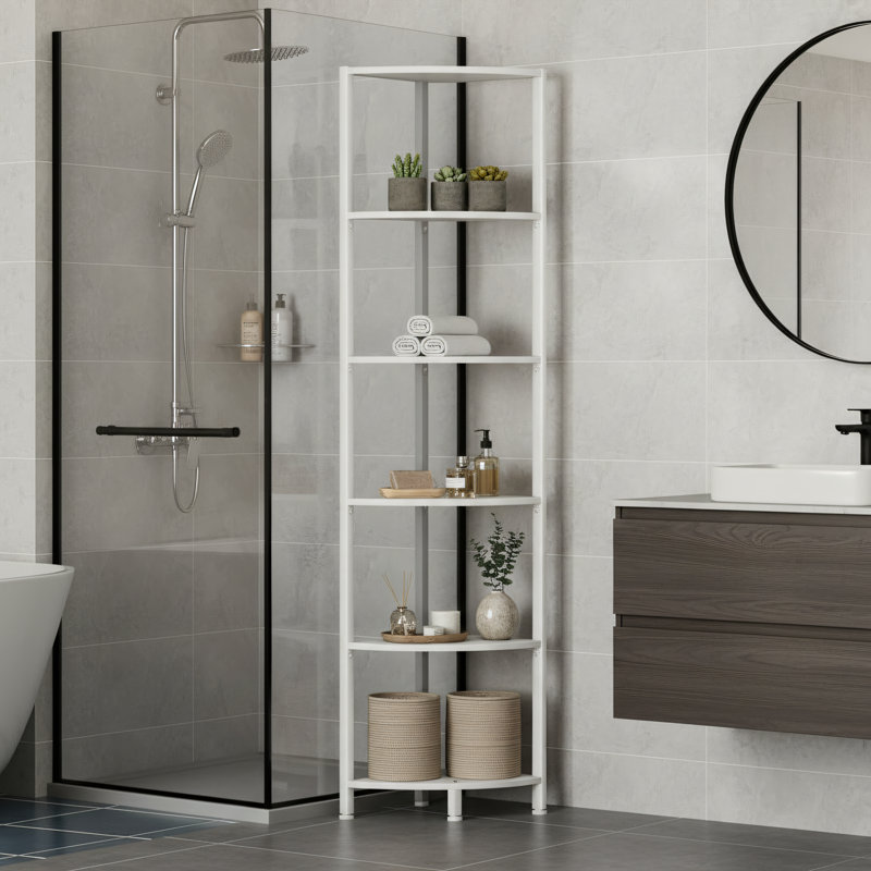 Six-Tier Corner Shelving Unit, 67.4 Inches, White, Narrow Design, Metal And Wood Construction With LED Lighting. Ideal For Living Room, Bedroom, Or Corner Use.
