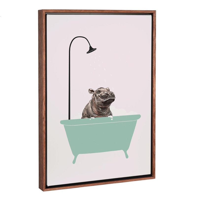 Hippopotame dans une baignoire, art encadré, H 26 po x l 18 po x P 1,5 po, Toile avec cadre en bois classique