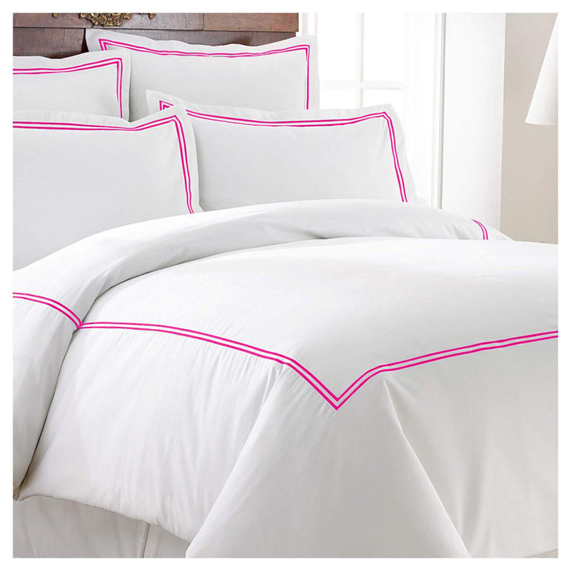 400TC Cotton Double Embroidery Sateen Solid Duvet Cover Set, Pink/White, Twin XL Duvet Cover + 2 Standard Pillowcases