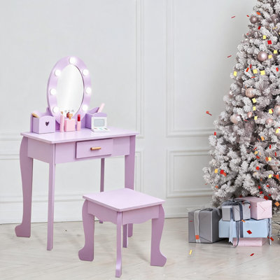 Ensemble de coiffeuse en bois pour enfants avec miroir, tabouret, rangement de tiroir, miroir tactile pour filles de 4 à 9 ans - blanc