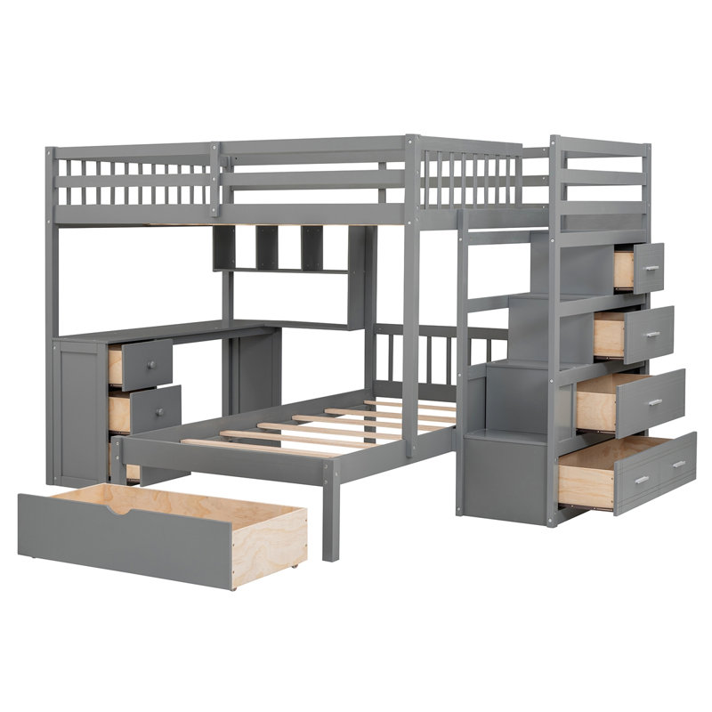 Lit superposé avec bureau, tiroirs et tablettes, Gris