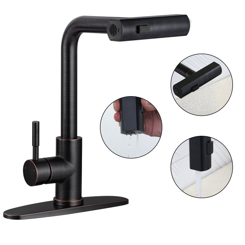 3-Mode Single Handle Waterfall Pull Down Sprayer Kitchen Faucet In Stainless Steel, Oil Rubbed Bronze, Without Soap Dispenser