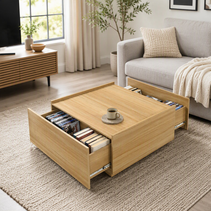 Table basse 1 pièce au fini naturel avec rangement double face, style transitionnel, mobilier de salon