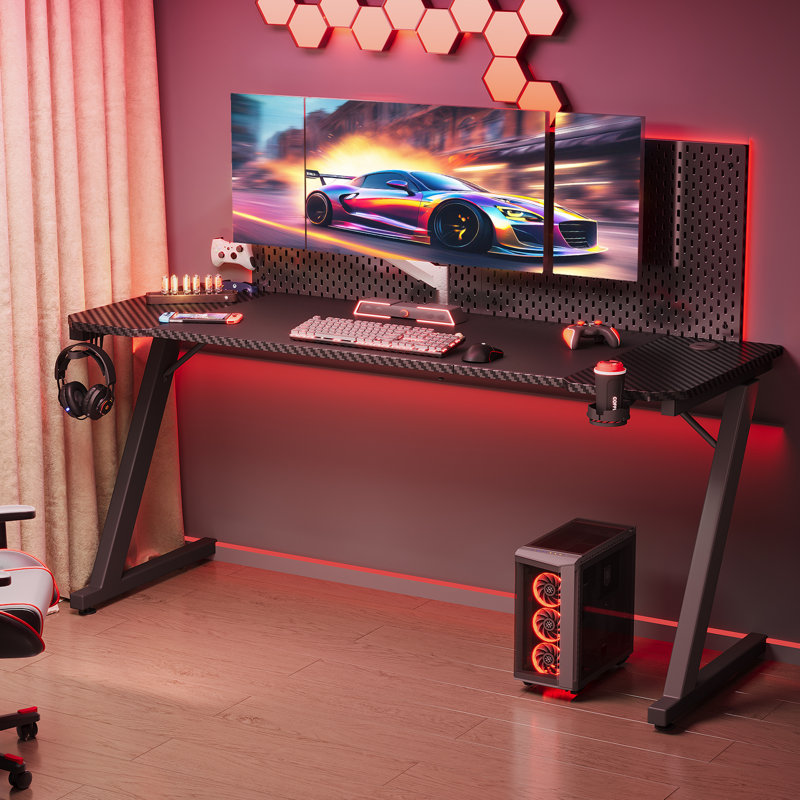 Ergonomic Black Gaming Desk PC Computer Desk Home Office With Headphone Hook, Black, 75cm H x 160cm W x 70cm D