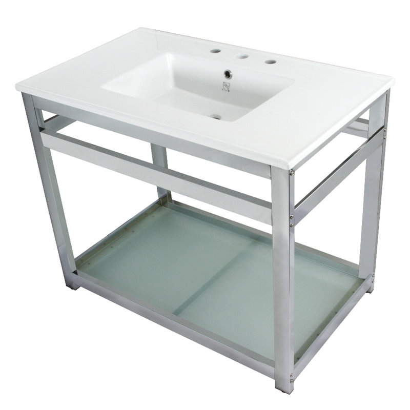 Kingston Brass Quadras 37-Inch Ceramic Console Sink with Steel Base and Glass Shelf (8-Inch, 3-Hole), White/Polished Chrome