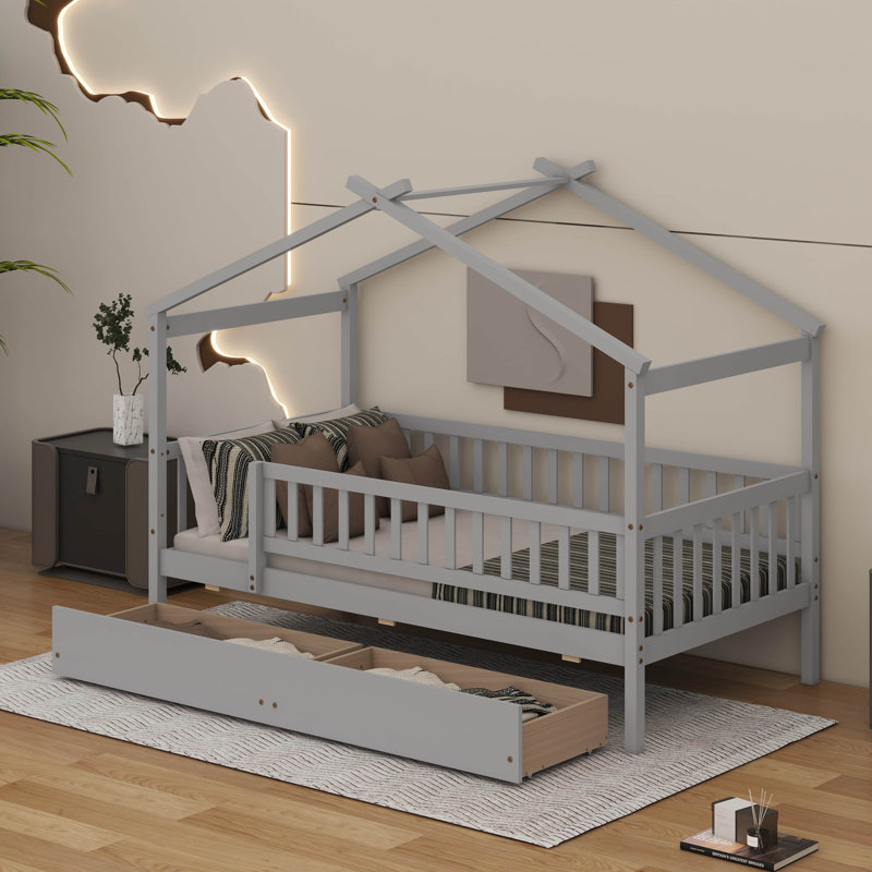 Lit simple en bois avec tiroirs, Gris