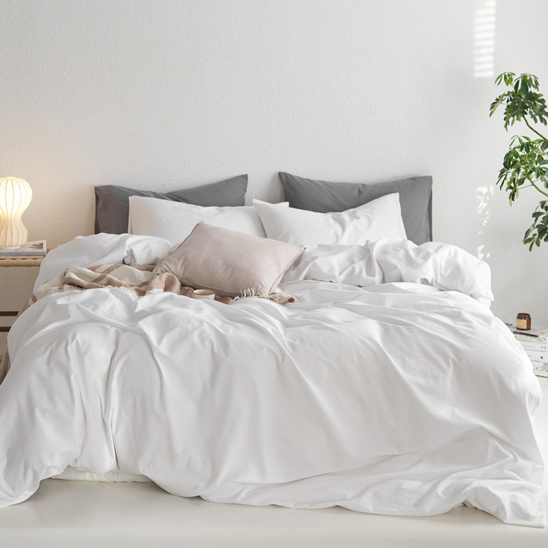 MooMee Duvet Cover Set with Zipper Closure & 8 Interior Ties 100% Washed Cotton Twill Soft Linen Like Textured, Bright White