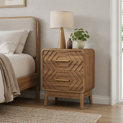 Table de chevet en noyer avec 2 tiroirs, table de bout hexagonale en relief 3D avec poignées en métal doré et pieds en bois massif, table d'appoint arrondie en MDF imperméable pour le salon de la chambre à coucher