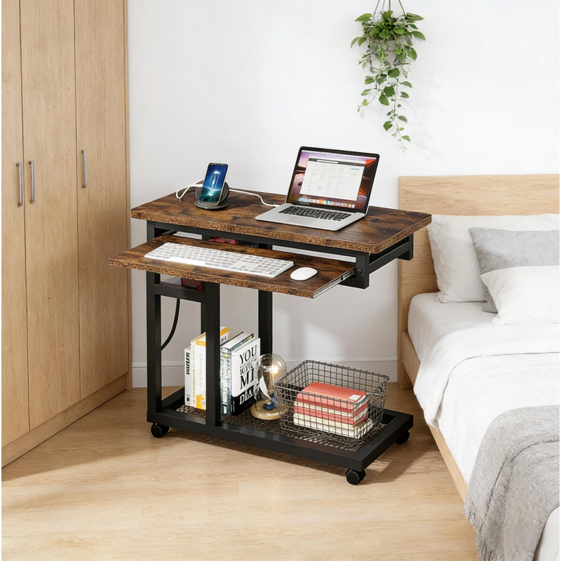 Table d'appoint avec roulettes, table mobile en C durable, bureau étroit, station de charge pratique