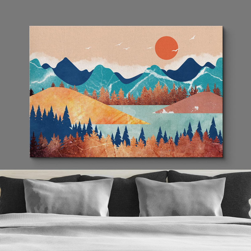 Soleil, chaîne de montagnes, soleil orange sur les montagnes, Toile tendue, H 16 po x l 24 po