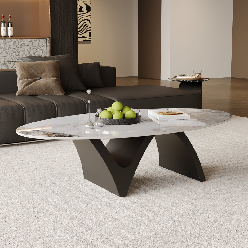 51" Modern Oval Coffee Table, Glossy Sintered Stone Table top With N-Shaped-Steel Base