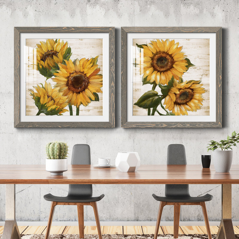 Tournesol d'été I - ensemble de 2 peintures, H 24 po x l 48 po, Papier dans un cadre photo, Gris