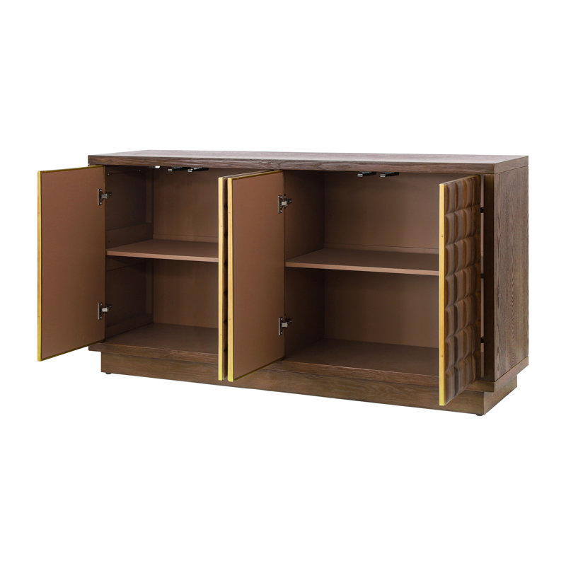 Armoire de rangement moderne à 4 portes avec portes géométriques 3D et garniture en métal, Brun