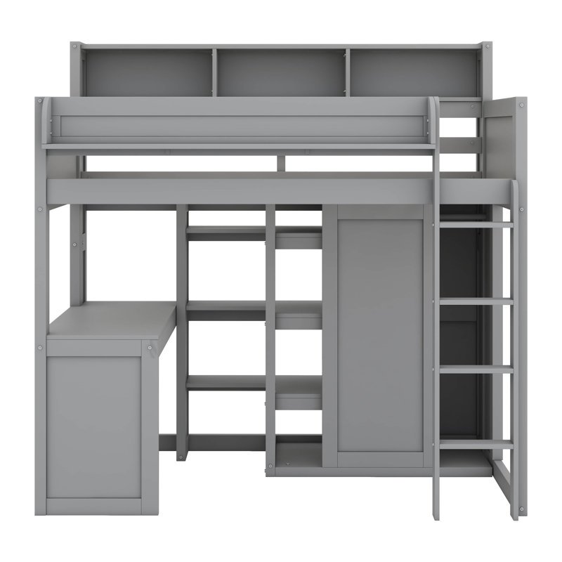 Lit mezzanine simple en bois avec bureau sous le lit et garde-robe, Gris