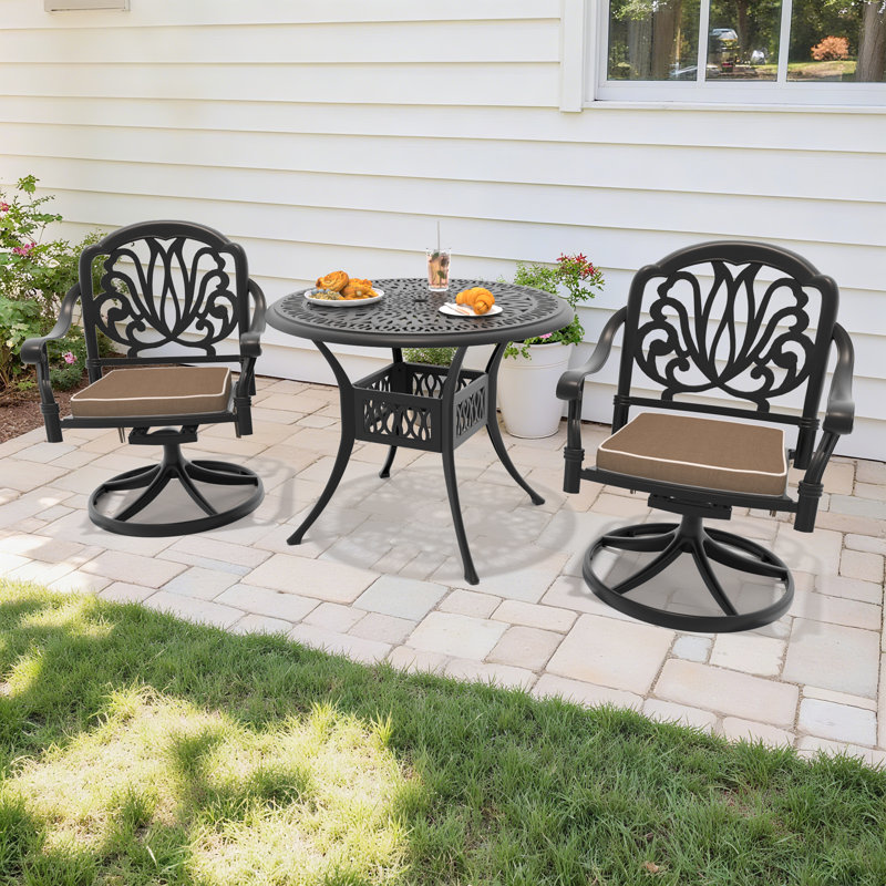 Ensemble de salle à manger bistro 3 pièces, table ronde de 90 cm avec trou pour parasol et 2 chaises pivotantes avec coussins bruns