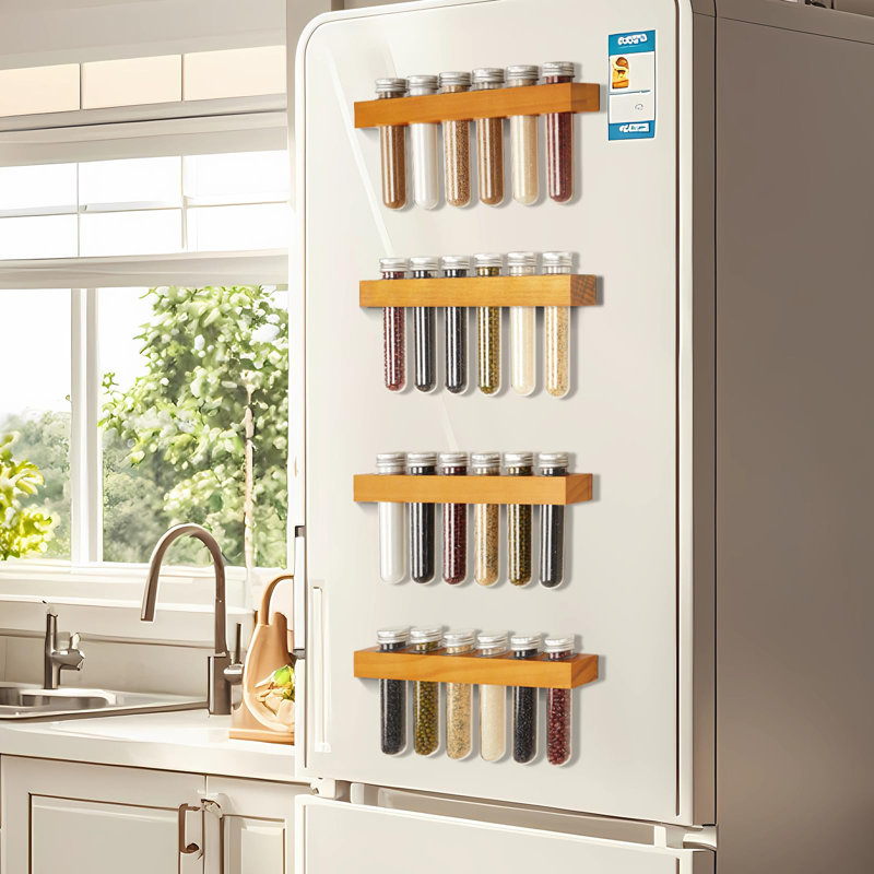Magnetic Spice Rack Set for Fridge, Wooden Shelf with Storage Tubes and Labels, Brown