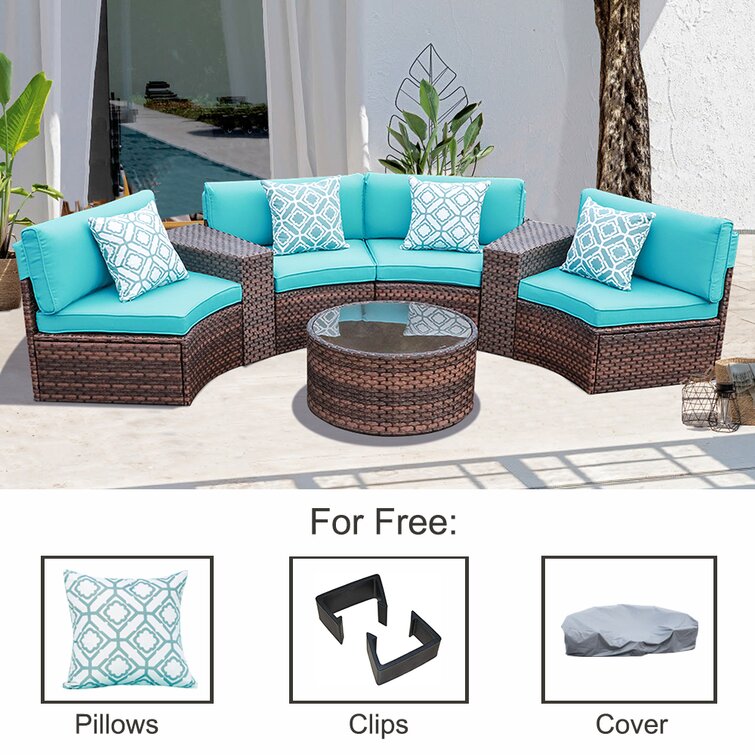 Leisure 7 Piece Rattan Sectional Seating Group with Cushions Latitude Run Cushion Color: Light Blue