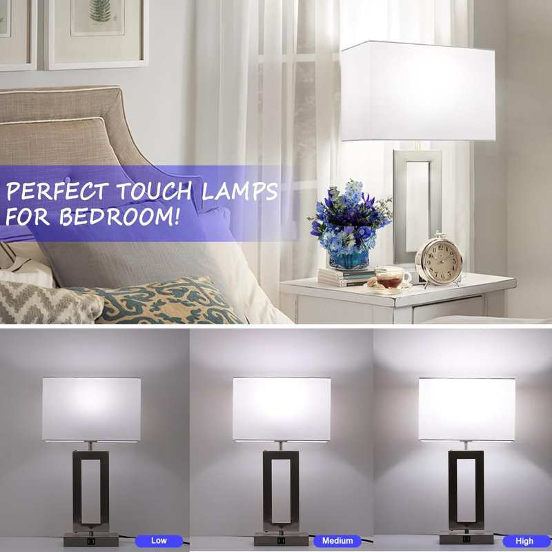 22'' Lamps for Bedrooms Set of 2, Touch Control Table Lamps with 2 USB Ports, Silver, White, 22.01" H x 12.4" W x 6.69" D