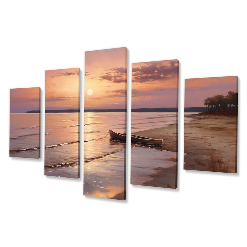 «Ocean Serenity Gentle Pink Beach Sunrise» - décoration murale plage - 5 panneaux