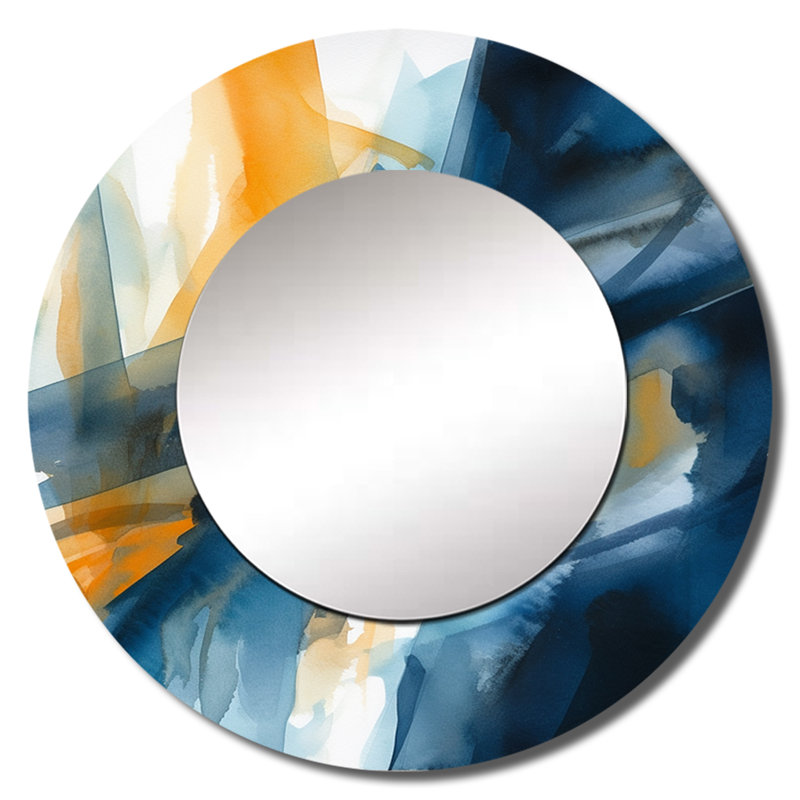 Jamesly Blue and Gold Fusion VII - Fractals Large Wall Mirror, Modern Round Unique Mirror, Printed Metal Art, 36" x 36"