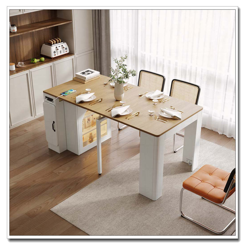 Extendable Dining Table with 3 Removable Middle Leaves,Saving-space Cabinet, Cream White