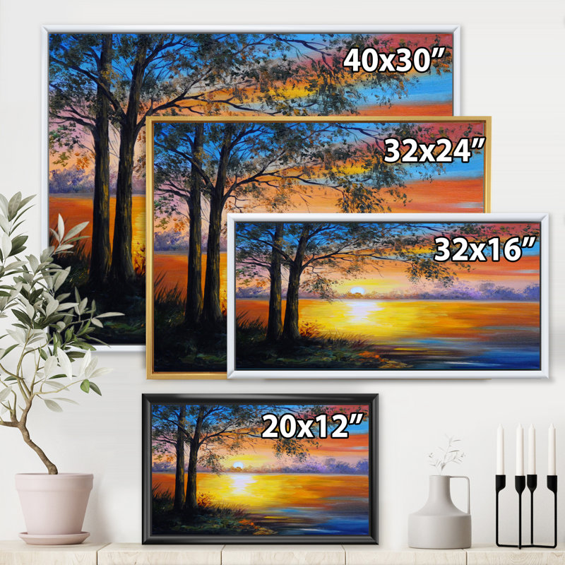 Arbre du soir près du lac - Peinture sur toile, Cadre flottant doré, H 24 po x l 32 po x P 1 po