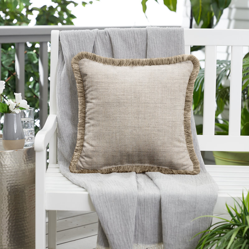Fringed Outdoor Throw Pillow, Gray/Taupe