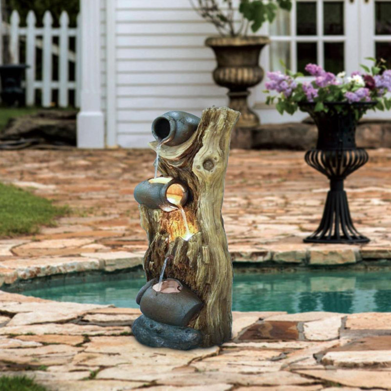 12.4x11.6x37.8" Decorative 3 Tier Tree Trunk Fountain with Lights and Pump