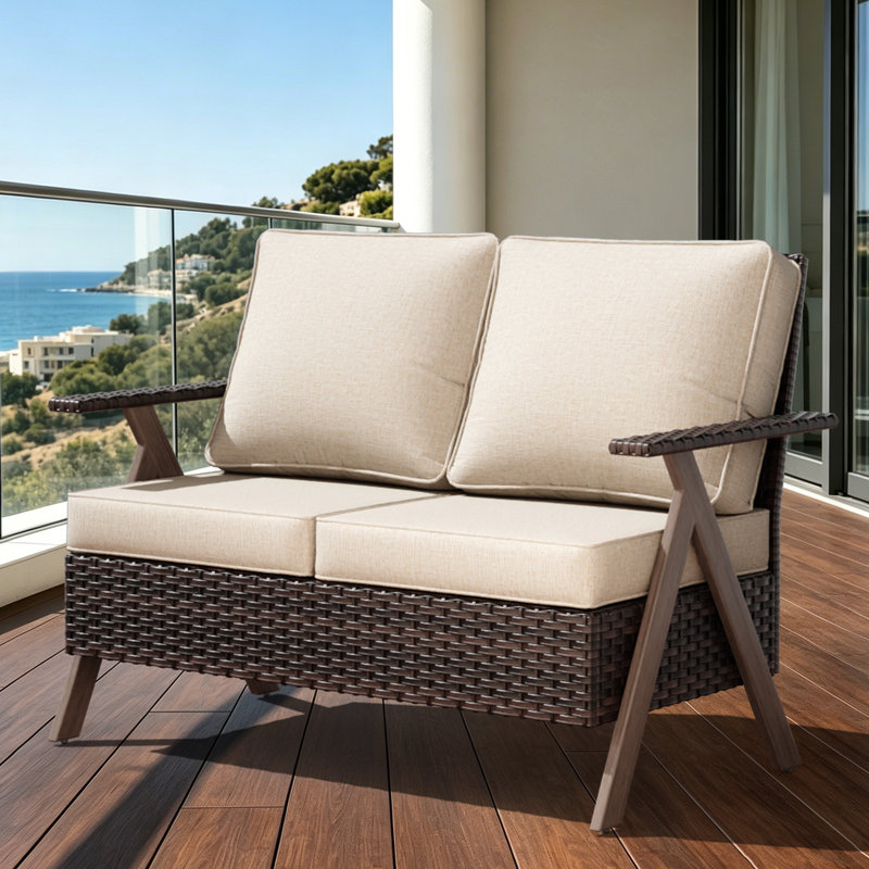 Outdoor Patio Rattan Loveseat with Durable All-weather Thick Beige Cushions, Beige