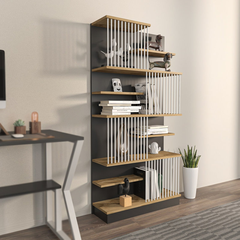 Bibliothèque élégante, noir et chêne, 31,5 po x 63,0 po x 9,7 po | 100% panneau de particules enduit de mélamine, épaisseur: 0,7 pouce | Conception moderne pour la maison ou le bureau, solution de rangement durable et élégante, assemblage facile