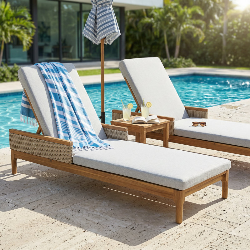 Outdoor Acacia Wood Chaise Lounge with Adjustable Backrest and Water-Repellent Cushion, Light Gray
