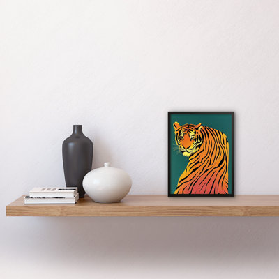 Modern Tiger Portrait On Teal Orange Bold - Single Picture Frame Print