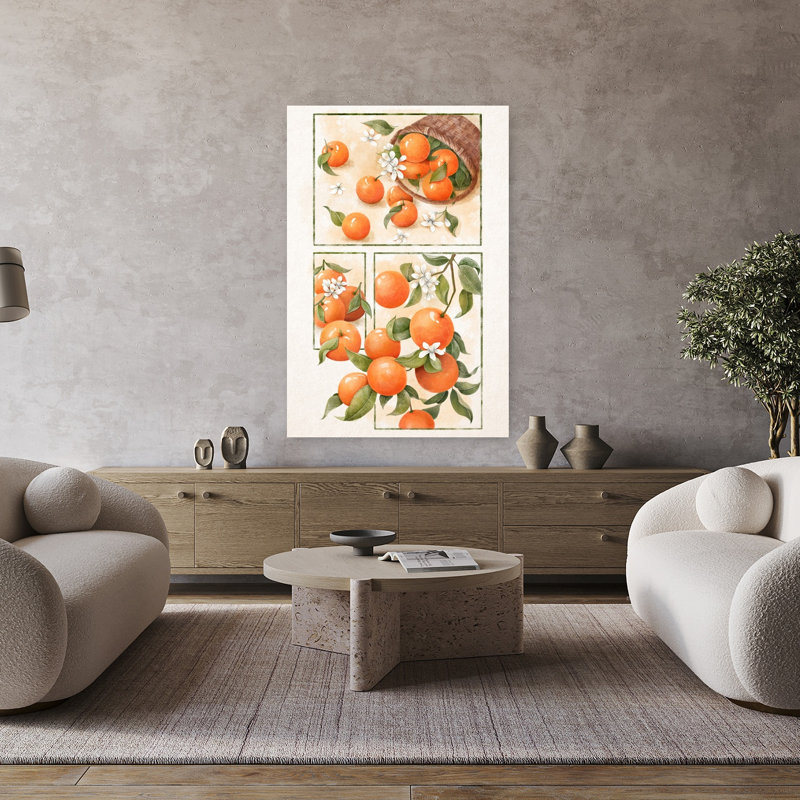 Aquarelle, oranges et fleurs, art abstrait contemporain de paysage de fruits, H 48 po x l 32 po