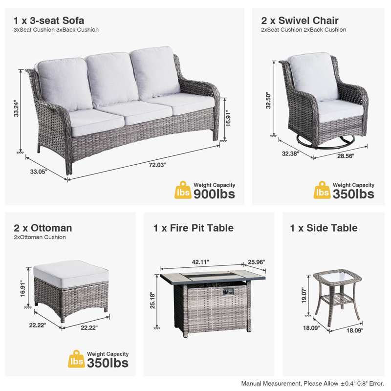 5 - Person Wicker Outdoor Conversation Set, Patio Swivel Chair Set with Fire Pit and Cushions, Gray Cushion/Gray Frame