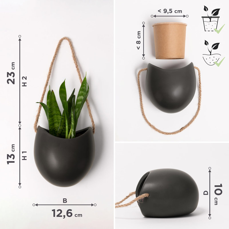 Hanging Ceramic Plant Pots 3 Pieces, Graphite