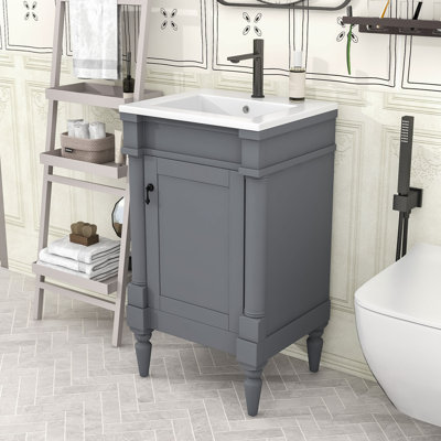 Meuble-lavabo simple autoportant moderne avec lavabo en céramique et grand rangement