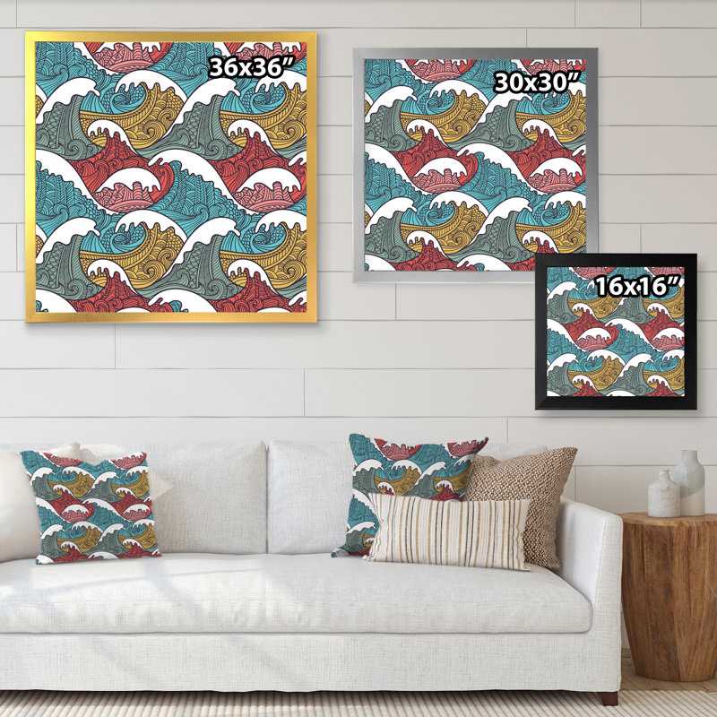 Vagues japonaises rouges, bleues et grises - Impression sur toile, H 16 po x l 16 po, Cadre photo blanc