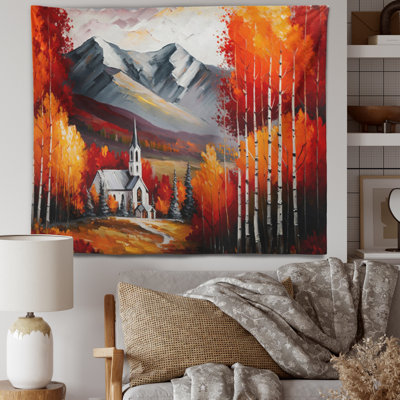 Monochrome Orange Cottage In Winter VI Polyester Tapestry