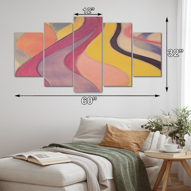 «Shadow Dance» jaune et rose, Illustration rétro I, reproduction d'art sur toile abstraite - 5 panneaux