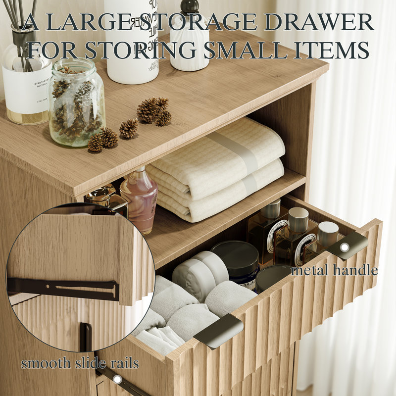 Storage Cabinet With Doors And Drawers, Solid Wood Legs, 1, Natural