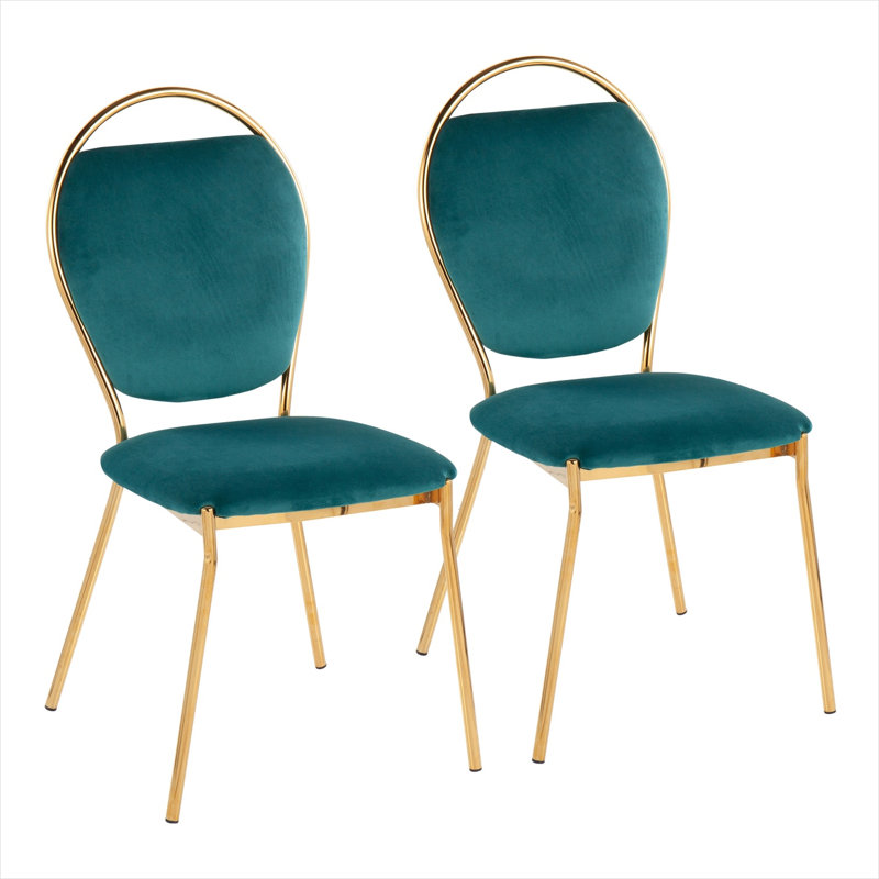Ensemble de 2 chaises d'appoint en velours vert avec cadres en métal doré, hauteur de salle à manger contemporaine