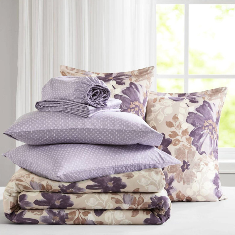 Lit double taupe à motif floral dans un sac avec édredon et drap, 2 taies décoratives, 1 drap plat, taies d'oreiller ajustées, microfibre à imprimé doux, motif aquarelle, draps de preuve, y compris édredon, microfibre brossée